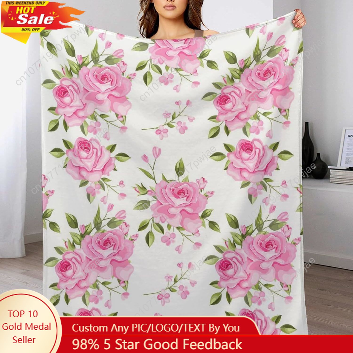 Home Textiles Blanket - Pembe Çiçekli Battaniye Çiçek Desenli Dekoratif